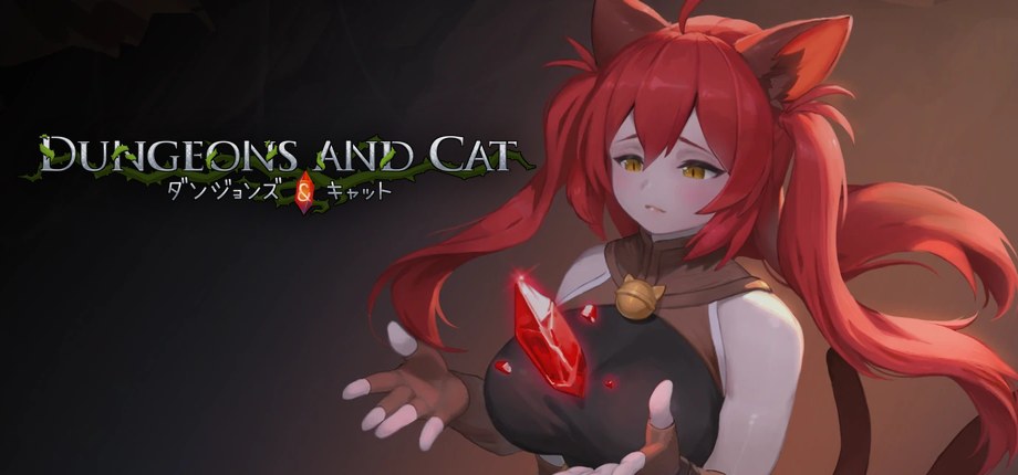 Dungeons And Cat key art: Nora, a red-haired cat-girl adventurer, holding a red crystal